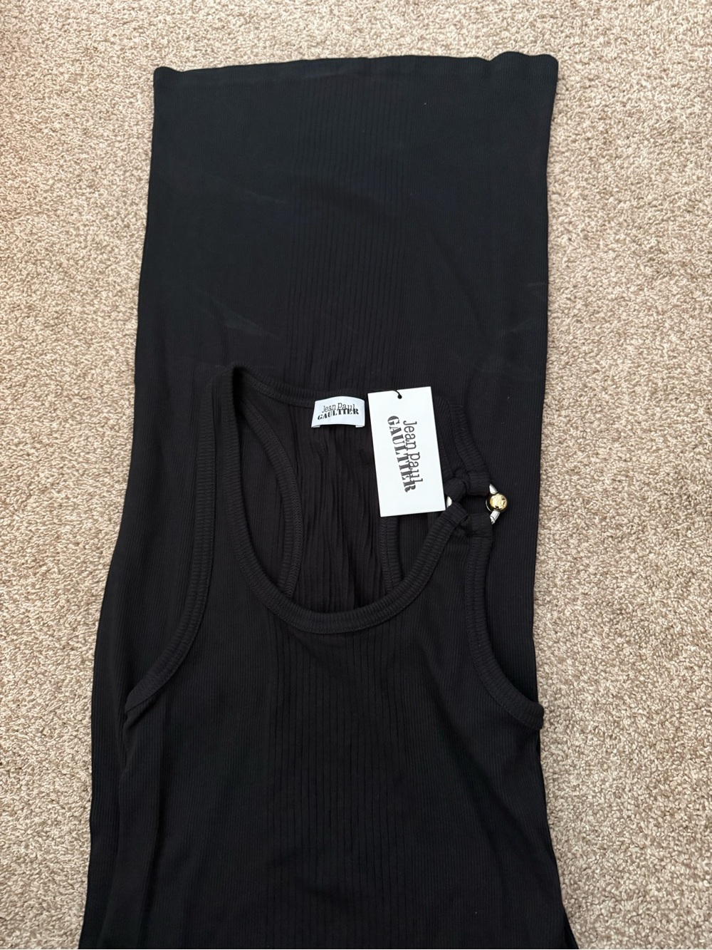 Jean Paul Gaultier Black Ribbed Stretch Tank with Charm Detail